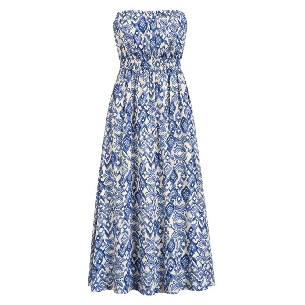 Jessica Simpson Womens S Blue White Ikat Strapless Maxi Dress Boho Resort Slit